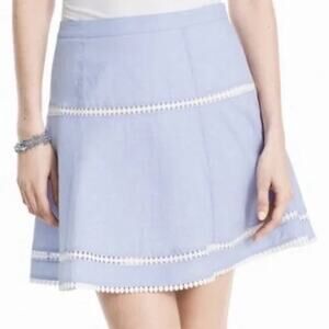White House Black Market Light Blue & White Trim Chambray A-Line Mini Skirt Sz 2